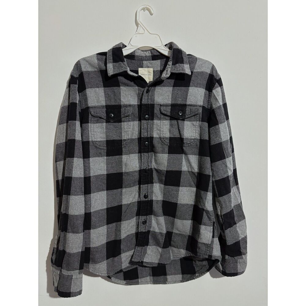 American Eagle Men's Grey & Black Buffalo Plaid Flannel Shirt